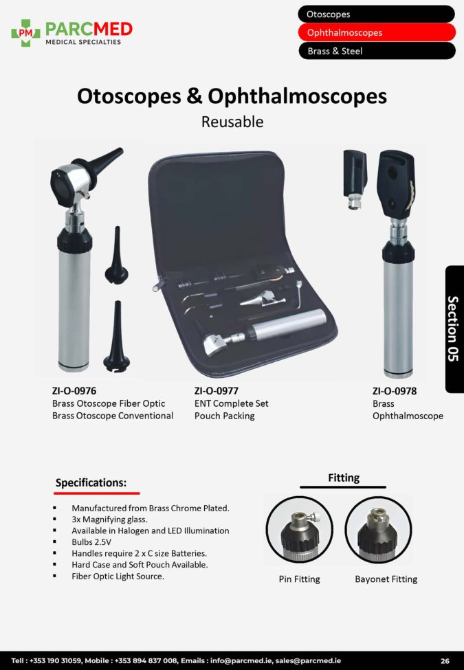 Otoscopes and Ophthalmoscopes - Reusable Brass and Steel